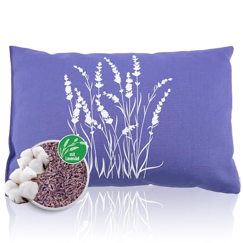 Herbalind Lavendelkissen 30x20 cm Duftkissen mit Lavendelblüten und Schafschurwolle Bezug aus 100% Baumwolle Motiv Lavendelstrauch Farbe Lavender