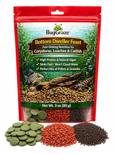 BugGraze Bottom Dweller Feast 3-in-1 Sinking Pellets Wafers & Granules for Corydoras Plecos & Loaches Complete Aquarium Fish Diet Clean Feeding High Protein & Algae Blend 3 oz