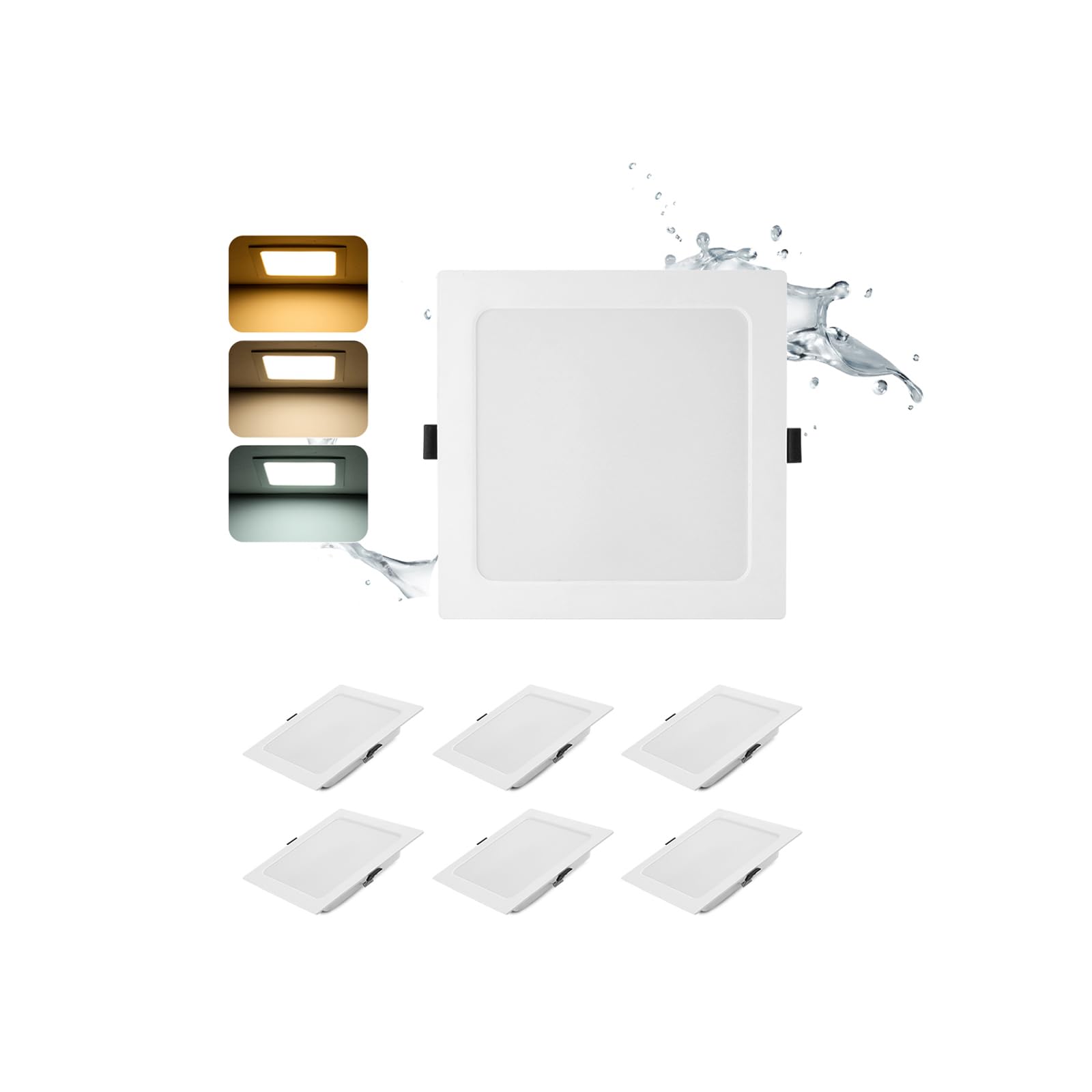 6x Faretti LED da Incasso per Cartongesso Quadrati 16W 3CCT Foro Ø145-160mm | Grebeam Faretti LED Soffitto per Bagno IP44 1400LM, Bianco Caldo 3000K/Bianco Neutro 4000K/Bianco Freddo 6000K Regolabili