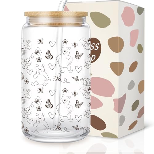 Pfkfo Pooh Bear Gifts, Winnie Glass Tumbler Iced Coffee Cup, Cute Bear Glass Cup With Lid And Straw, Winnie Birthday Gift for Boys Girls Best Friends