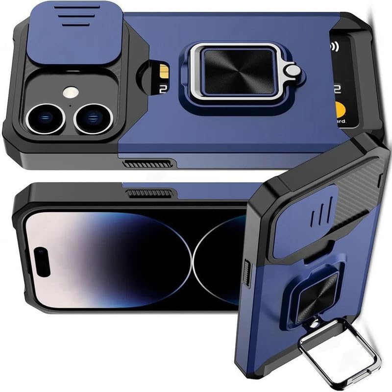 Image of LuxuryKase Shockproof Armor Case for iPhone 16 | Slide Camera Cover | Hidden Card Slot | Rotating Ring Kickstand | Magnetic Car Mount Support | Military Grade Protection - Blue
