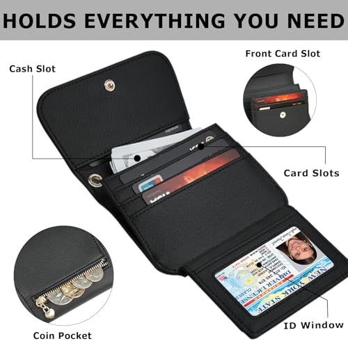 Image of Women Small Wallet RFID Blocking Slim Wallet with Coin Pocket Tri-Fold Credit Card Holder with ID Window and Keychain (Black)