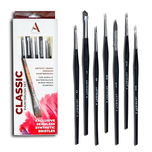 Artright Miniature Fine Detailing Thin Brush Set of 7pcs, Brushes for Acrylic, Oil, Watercolor & Gouche Painting, Useful for Beginner & Professional, Wooden Handle Synthetic Bristle