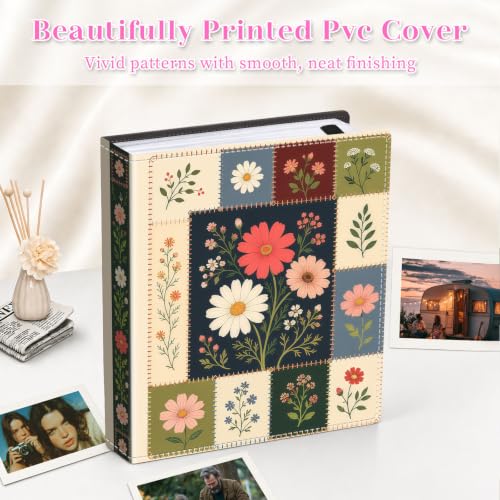 Image of Photo Album 4x6 120 Pockets Patchwork Wildflower | 120 clear 4x6 photo pockets, strong elastic band, compact album, family travel wedding use, patchwork wildflower cover