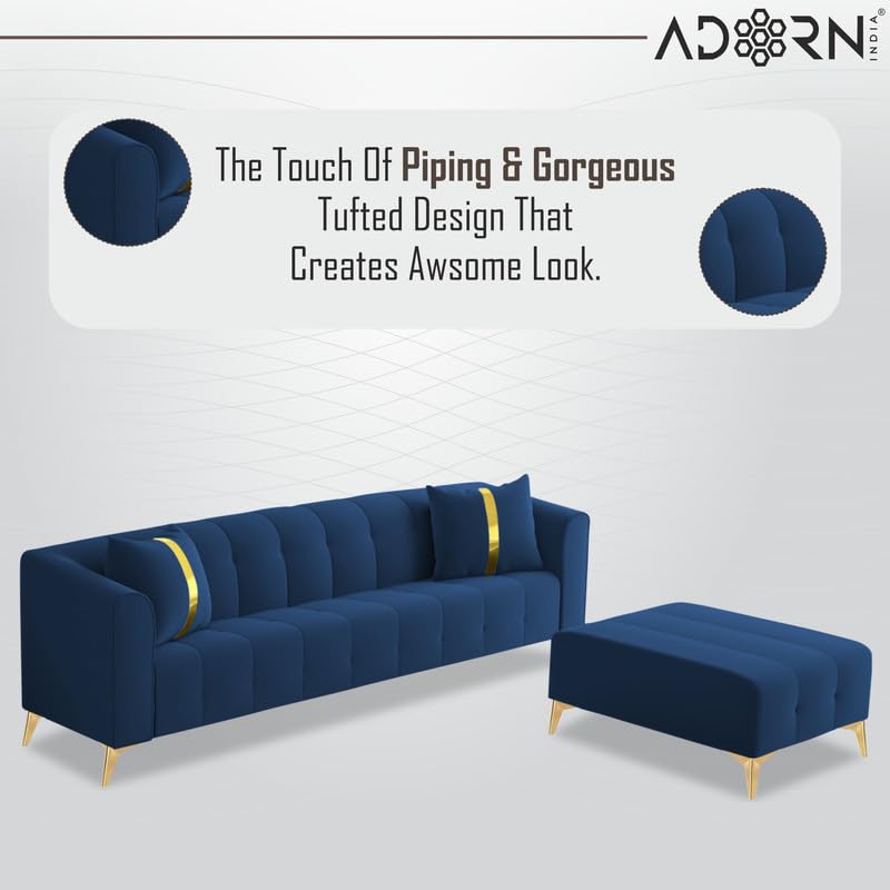Image of Adorn India Premium Mystic - 3 Years Warranty - L Shape 5 Seater Sofa Set Velvet Suede Fabric - Blue