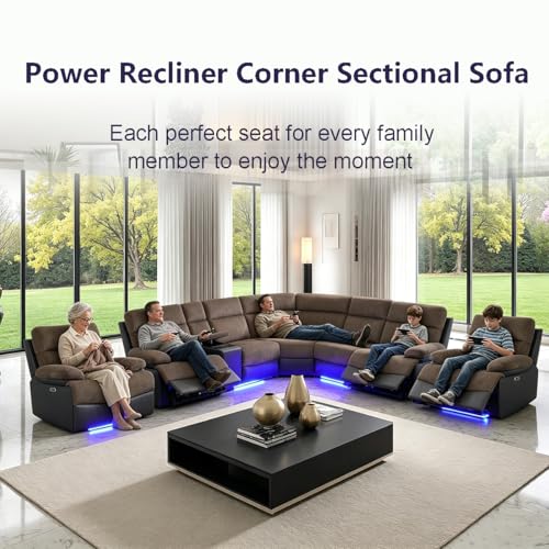 Image of Power Recliner Sofa Sectional Couch with LED Light for Living Room, Taupe Corduroy Reclining Corner Sectional Sofa with 4 Recliner Seats,Cup Holder,Storage Console for House /Home