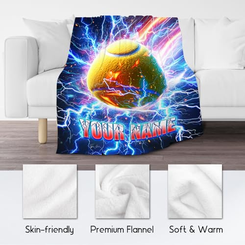 Kids Blanket for Boys Personalized Tennis Gifts wiht Name - Custom Fleece Throw with Lightning Design (4 Sizes Choose)