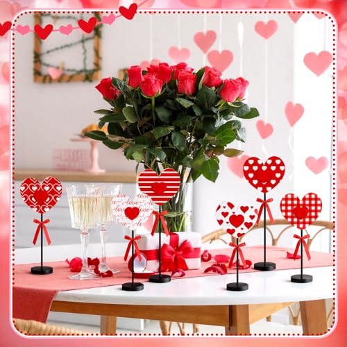 Image of Briwooody 6 Pcs Valentine's Day Decorations Heart Wooden Table Sign Set Red Love Table Centerpiece Valentines Tabletop Decor Tall Standing Farmhouse Wood Block for Wedding Party Home Decorations