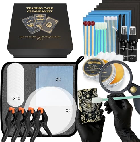 SFAED Card Care Clean Kit,17-in-1 Card Cleaning and Polishing Restoration Kit, Trading Card Cleaning Box with Cleaning Spray and Balck Nitrile Gloves, Suitable for Surface Card Care&Flatten Edges