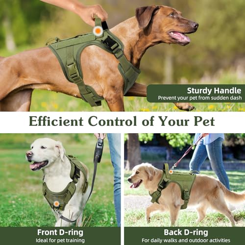 VavoPaw Taktisch Hundegeschirr, Einfach Kontrolle & Anti Zug Hundegeschirr mit Molle Panel und Reflektierend Streifen, Taktisch Weste für Hunde Training, Wandern, Jagd, Outdoor, Armeegrün, L