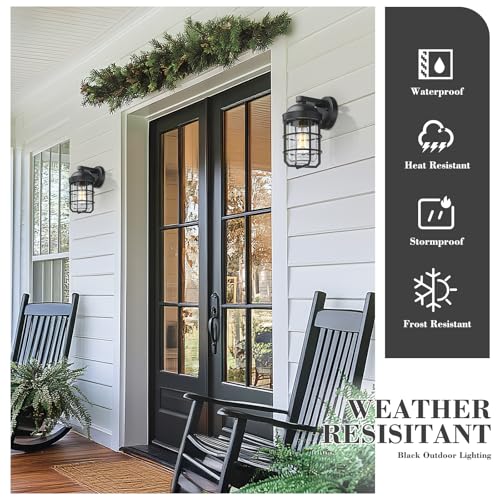 Image of Emliviar 2-Pack Outdoor Exterior Wall Light Fixtures for Porch, 11.3 Inch Black Wall Mount Lantern with E26 Bulb Base, Clear Tempered Glass, GE255BL-2PK BK