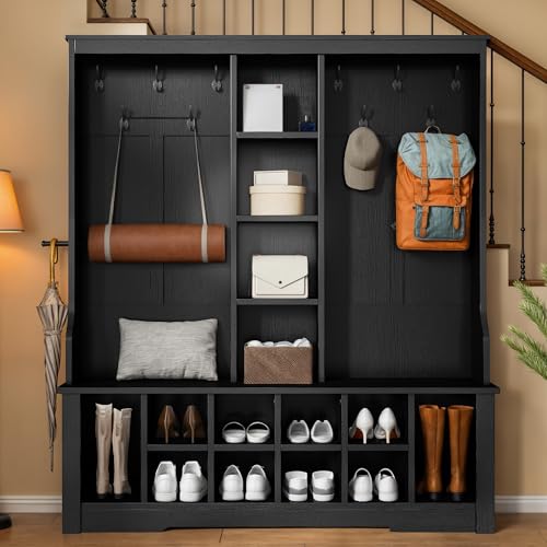 DWVO 59" Wide Hall Tree with Bench and Storage for Hallway Entryway, 10 Shoe Cubbies & 10 Coat Hooks, 4-Tier of Center Storage Open Cabinets, Coat Rack with Space for Bedchamber Living Room (Black)