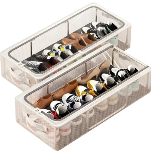 Image of RENVA 2Pcs Foldable Transparent Shoe Storage Box with Handle & Zipper