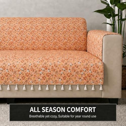 Image of STITCHNEST 'Frostvine Collection' 3 Seater Sofa Cover | Full Coverage with Armrest Pockets | Cotton Quilted Fabric, Decorative Tassels, Washable & Durable for Modern Living