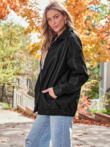 BUNSLOOM Lederjacken Damen Lässig Oversize Mode Reverskragen Jacke Motorradmäntel Y2k Kleidung Reißverschluss Bikerjacke