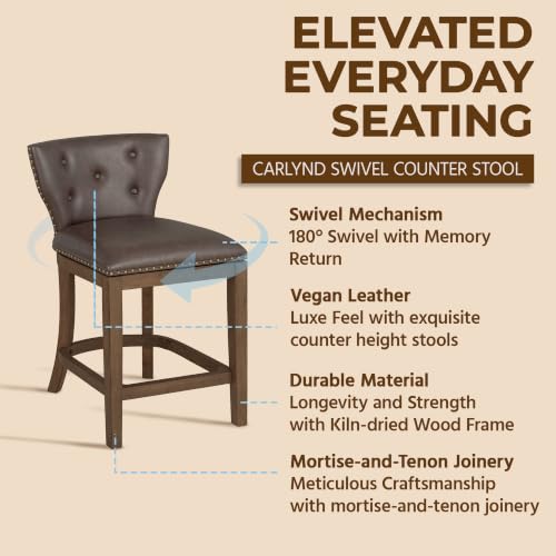 Image of ROME + OAK Carlynd 26 inch Counter Stool, Set of 2 Low Back Swivel Kitchen Barstool in Walnut Finish with Saddle Brown Vegan Leather Upholstered Seat