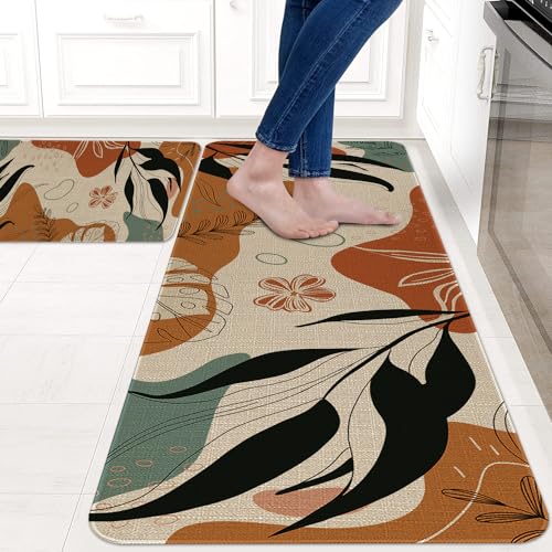 Eikunn Boho Mid Century Modern Kitchen Rugs And Mats Set Of 2,Farmhouse Style Abstract Tropical Leaf Kitchen Mat For Floor,Non-Slip Washable Kitchen Sink Mats Decor Doormat+Runner Rug thumb #1