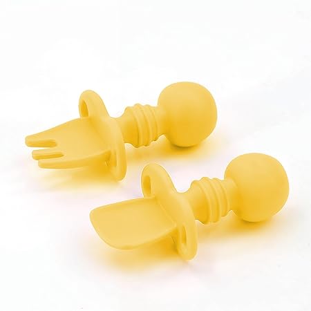 A Baby Cherry - Baby Feeding Spoons & Fork || Easy Grip Toddler First Training Utensil Silicone Spoon for Baby Feeding || Baby Spoons Feeding Anti-Choke Design || Baby Led Weaning Stage 1 (Yellow)