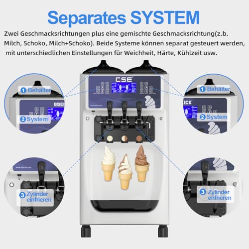 GSE Eismaschine Gastronomie 32L/Std. vorkühlend 2300W Speiseeisbereiter 12L Edelstahl Behälter Softeismaschine selbstkühlend Eiscreme Maschine mit Kompressor Eisbereiter für zuhause Eisdiele Gastro – Bild 5