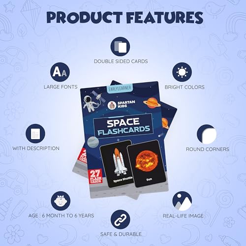 Image of SPARTAN KIDS Space Flash Cards for Kids | 27 Early Learning Flash Cards Easy & Fun Way of Learning 1 Year to 6 Years Babies