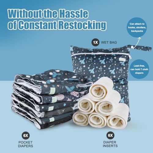 Image of wegreeco Cloth Diapers 6 Pack with 6 Inserts & 1 Wet Bag, Washable Cloth Diapers for Babies, One Size Adjustable Reusable (Space Exploration)