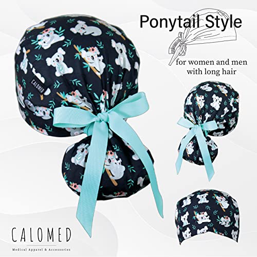 Image of Scrub Cap for Women and Men, Ponytail Scrub Caps, Working Hat, Head Cover with Ribbon Ties and Buttons, Long Hair