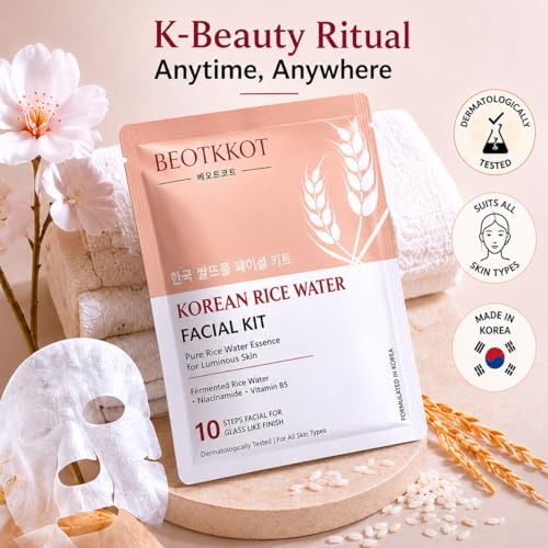 Image of Korean Rice Water Facial Kit | 10-Step Facial Kit with 11 Sachets for 2 time Uses | Fermented Rice Water, Niacinamide, Sea Algae & Vitamin B5 | Instant Glow, Brightening, De-Tan & Deep Hydration | Dermatologically Tested | For All Skin Types