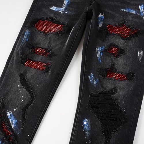 Mens Red Crystals Patchwork Jeans Skinny Stretch Tight Fit Distressed Painted Rhinestones Patched Ripped Pants3