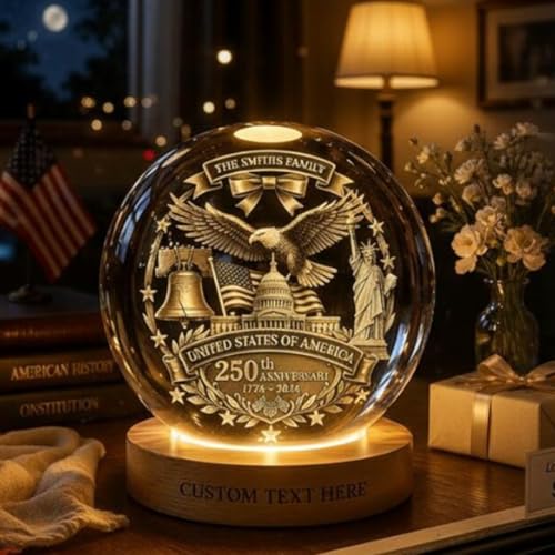 Image of 250 Anniversary USA Merchandise, Personalized 250th Anniversary Crystal Ball Night Light, Custom 1776-2026 USA LED Lamp, Engraved Patriotic Gift, American Independence Decor Light for Home