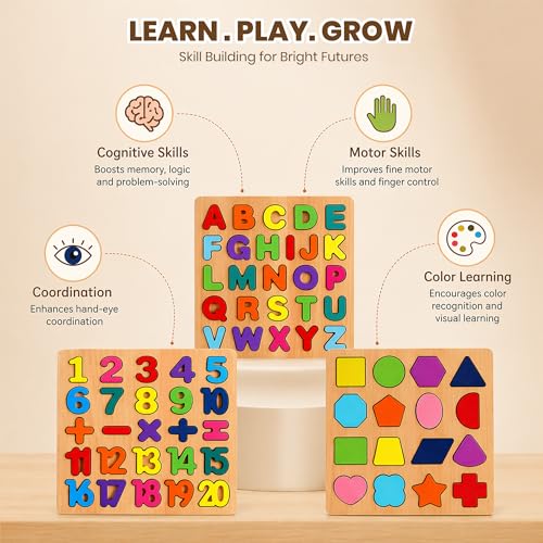 Image of Wooden ABC Number & Shape Puzzle Board, Set of 3, Age 2-5 Years