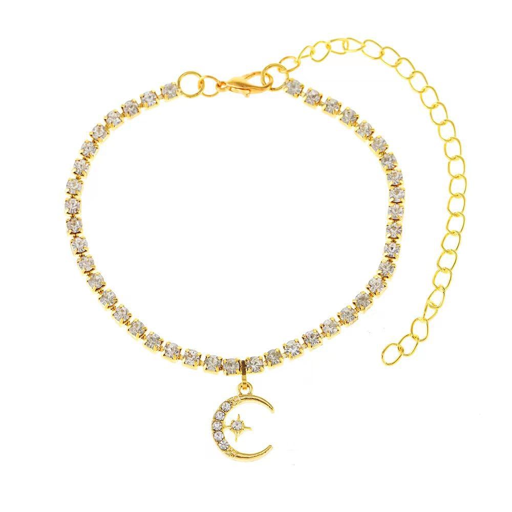 Star Moon Crystal Anklet for Women Girls, CZ Crystal Celestial Moon Star Tennis Ankle Bracelet, Gold/Silver Dainty Foot Chain for Summer Beach Jewelry Gifts