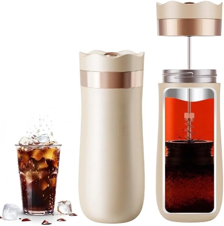 Cafetera de prensa francesa de viaje de 12 onzas, taza de café francesa portátil de doble pared de acero inoxidable aislada al vacío taza de café y