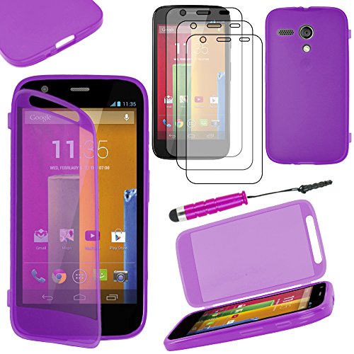 ebestStar   Funda Compatible con Motorola Moto G, XT1032 Carcasa Cartera Proteccion Formato Libro, Silicona Gel Case + Mini Lápiz +3 Peliculas, Violeta [Aparato: 129.9 x 65.9 x 11.6mm, 4.5'']