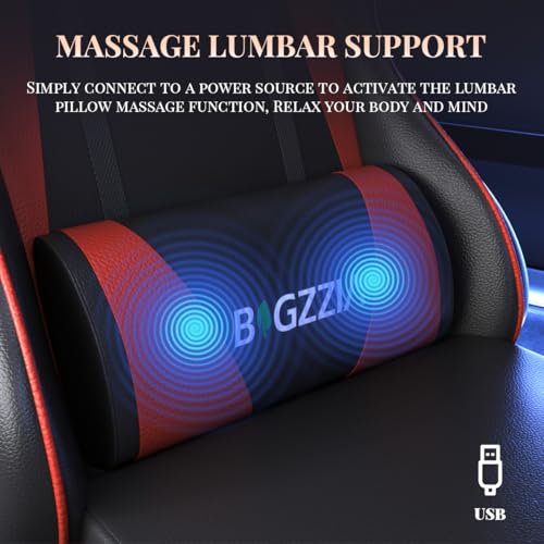 bigzzia Gaming chair with massage function, ergonomic gamer chair with footrest, headrest, lumbar cushion, height adjustment, tilt 90°-155°, gaming chair for gaming, work, relaxation (Red) - Image 5