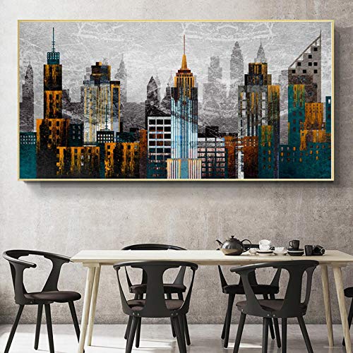 Art mural encadré abstrait pour grand salon moderne, tableau paysage urbain chic