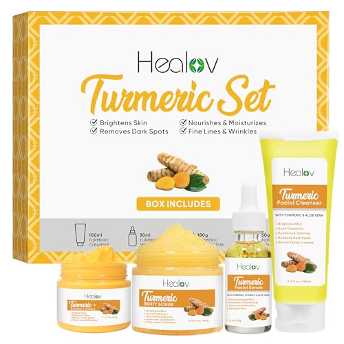 Turmeric Skincare Set – Turmeric Skin Care Products Brightening & Acne – Turmeric Skin Care Kit, Turmeric Skin Care Set – Turmeric Cleanser, Body Scrub, Face Cream & Facial Serum