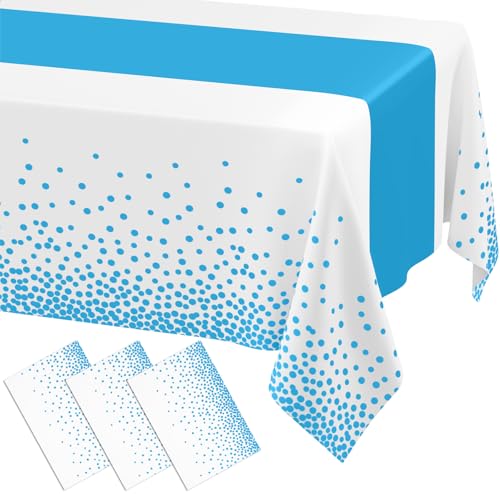 Image of Smiry Plastic Table Cloth Disposable 3 Pack, 54 x 108 Inch Rectangle Waterproof Tablecloth, Printed Gold Table Runner Style for Birthday Weeding, Party Decorations, Leakproof & Sturdy, White and Aqua