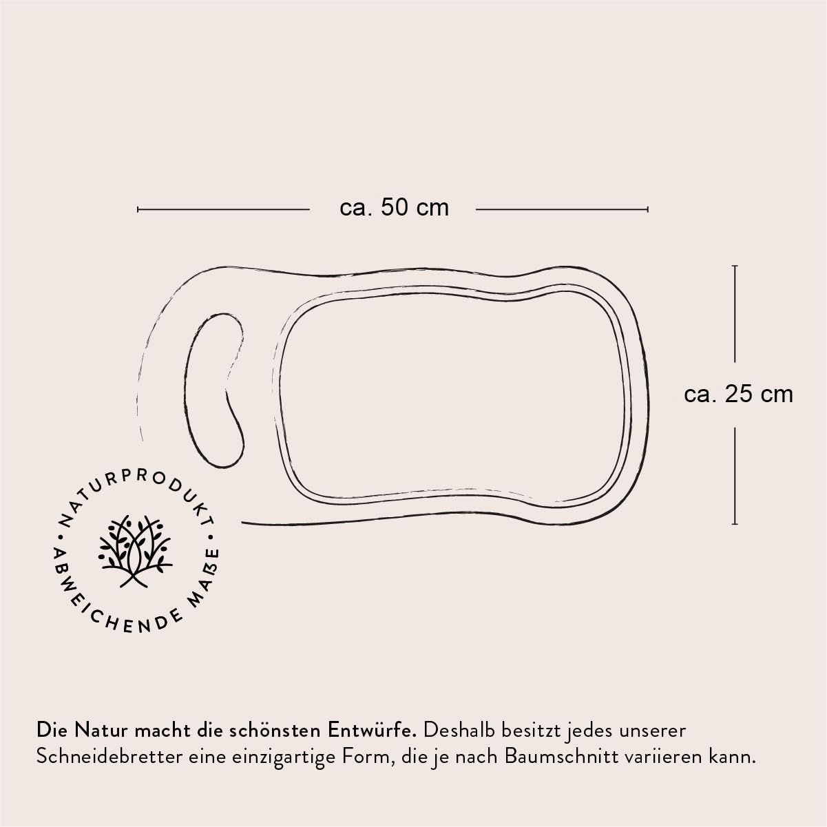 DAS OLIVENHOLZBRETT Deska do krojenia z drewna oliwkowego, deska do serwowania z uchwytem i rowkiem na sok, naturalny kształt (50 cm)