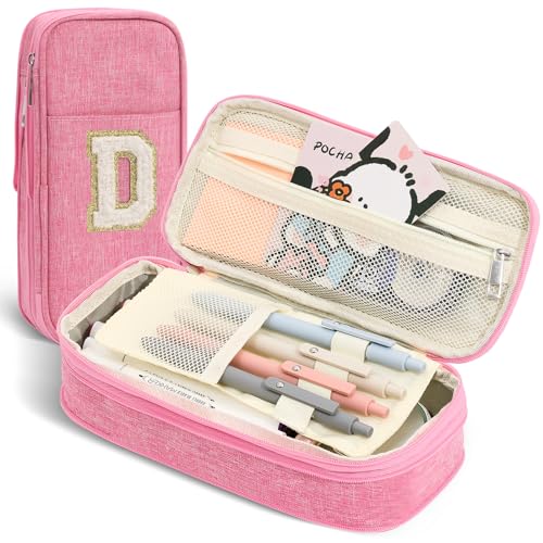 Image of Pencil Bag, Pencil Case for Girls Women, Preppy Pencil Case, Large Initial Pencil Pouch with Zipper, Back to School Supplies, Aesthetic Pen Case Box for Kids Teen Girls - D(Pink)