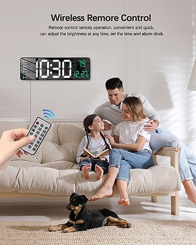 Image of JoFomp Modern 16 inch Large Digital Wall Clock with Remote Control, LED Display, Auto-Dimming, Countdown, Temperature, Calendar - 12 /24Hr Format (Green),Acrylonitrile Butadiene Styrene