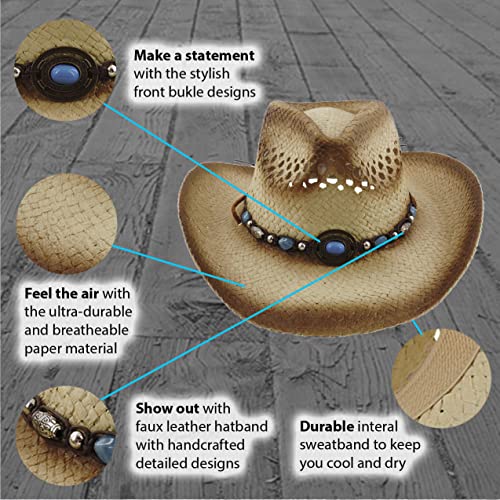 Image of SILVERFEVER Straw Cowboy Hat Cowgirl Hats Men Women Sun Hat Sombreros Vagueros Classic Western Accents Sombreros