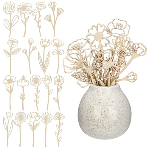 Flores de madeira decorativas 18 peças, conjunto de flores de madeira estilo nórdico e natural para decoração de casa, centro de mesa decorativo para sala de estar e sala de jantar, decoração de casa