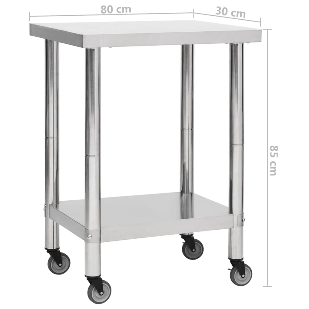 Mesa de trabajo de cocina de acero inoxidable, 80 x 30 x 85 cm, con ruedas y frenos, mesa de trabajo móvil para restaurante, catering, bar y cocina comercial para preparación higiénica y