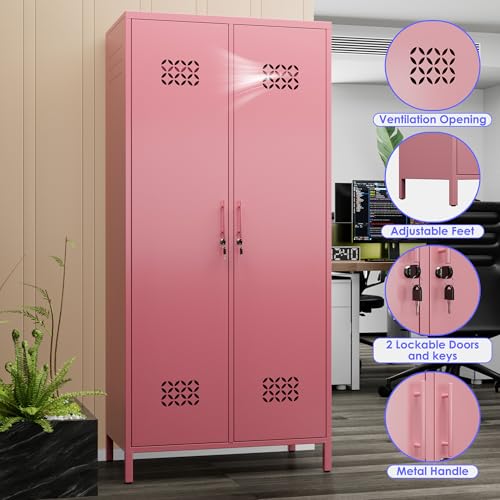 Image of METAN Extra Deep 2 Doors Metal Wardrobe Cabinet, Closet with Lock, Pink | 71 inchH*33.5 inchW*20 inchD Adjustable Shelves & Hanging Rod,Heavy Duty Steel Storage Armoire for Home,Assembly Required