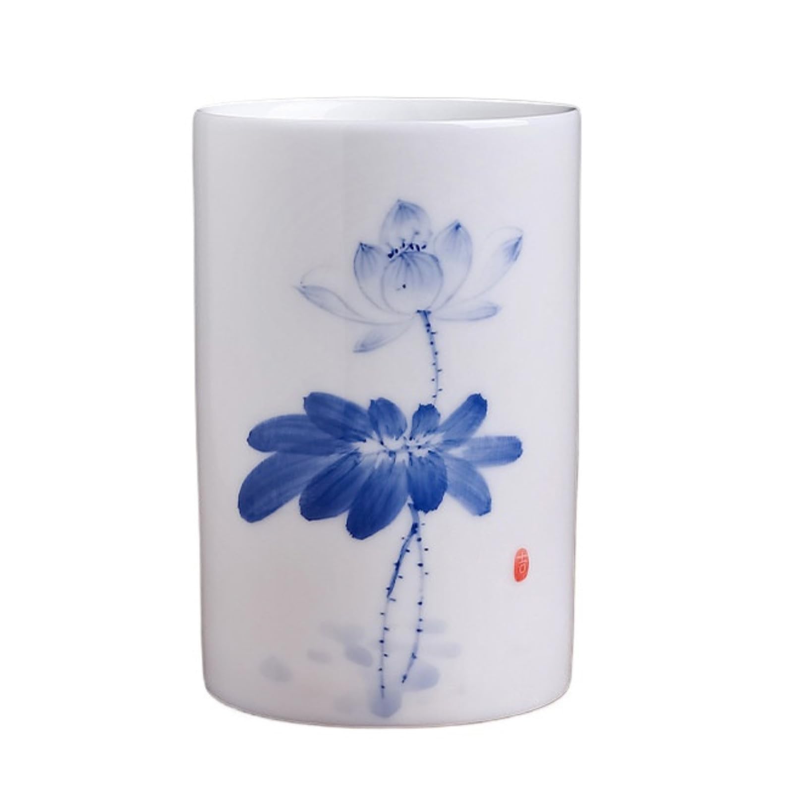 Handgezeichneter Lotus, Keramik, 12 cm, Unterglasur-Farbe, Stifthalter, Ornament