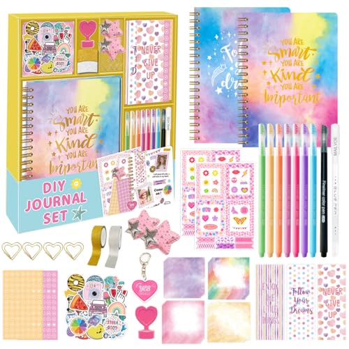 GKXLH DIY Journal Kit for Girls - Funny Gifts for 8 9 10 11 12 13 14 Year Old Girl, 98pcs DIY Journal Set Scrapbook & Diary Supplies Kit, Journaling Art Crafts Kit for Tween & Teen Girls (Gold/98pcs)