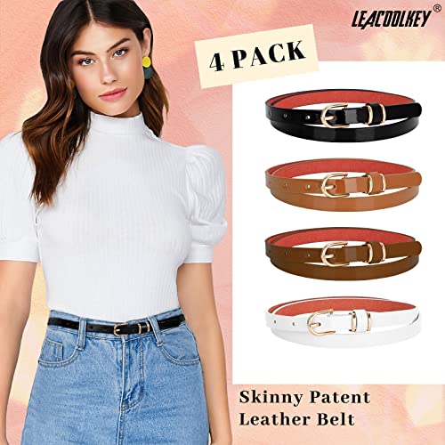 Leacoolkey Women Skinny Leather Belt For Dress Jeans Patent Leather Thin Waist Belt With Gold Buckle #TOP1