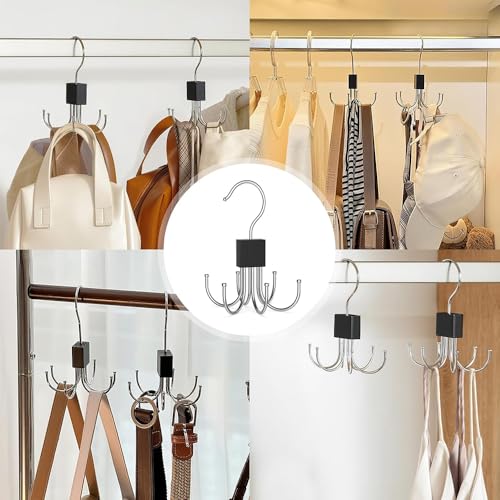Image of 2pcs Belt Organiser for Wardrobe, 360 Degree Rotatable Multipurpose Hanger Organizer with 6 Hooks, Stainless Steel Wardrobe Organiser for Belt, Tank Top, Tie, Scarf, Hat and Purse