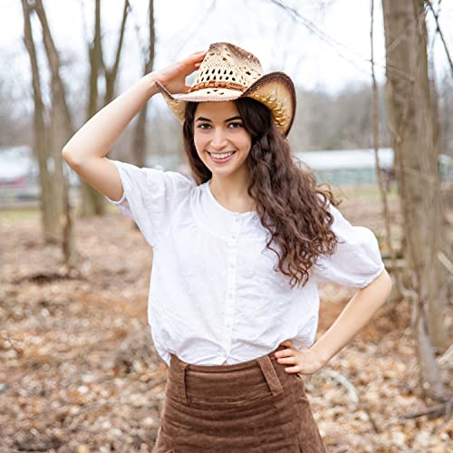 Tovoso Straw Cowboy Hat For Women And Men With Shape-It Brim, Western Cowboy Hat, Brown/Beads - Tea Stain #TOP6