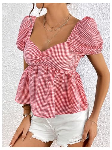 SweatyRocks Women's Puff Sleeve Plaid Gingham Ruffle Sweetheart Neck Peplum Shirt Top Blouse3